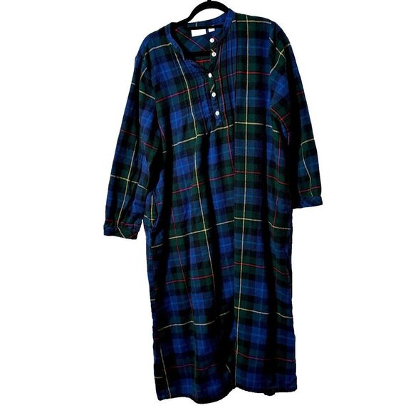 Vintage LL Bean Flannel Cotton Blue Plaid Nightgown Shirt Dress Womens M Prairie - Picture 1 of 8